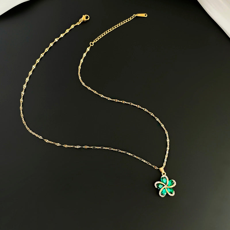 Colar + pingente com Pedra de Zircônia verde, Aço inoxidável 316L, Trevo da Sorte - joias de luxo - frete GRÁTIS